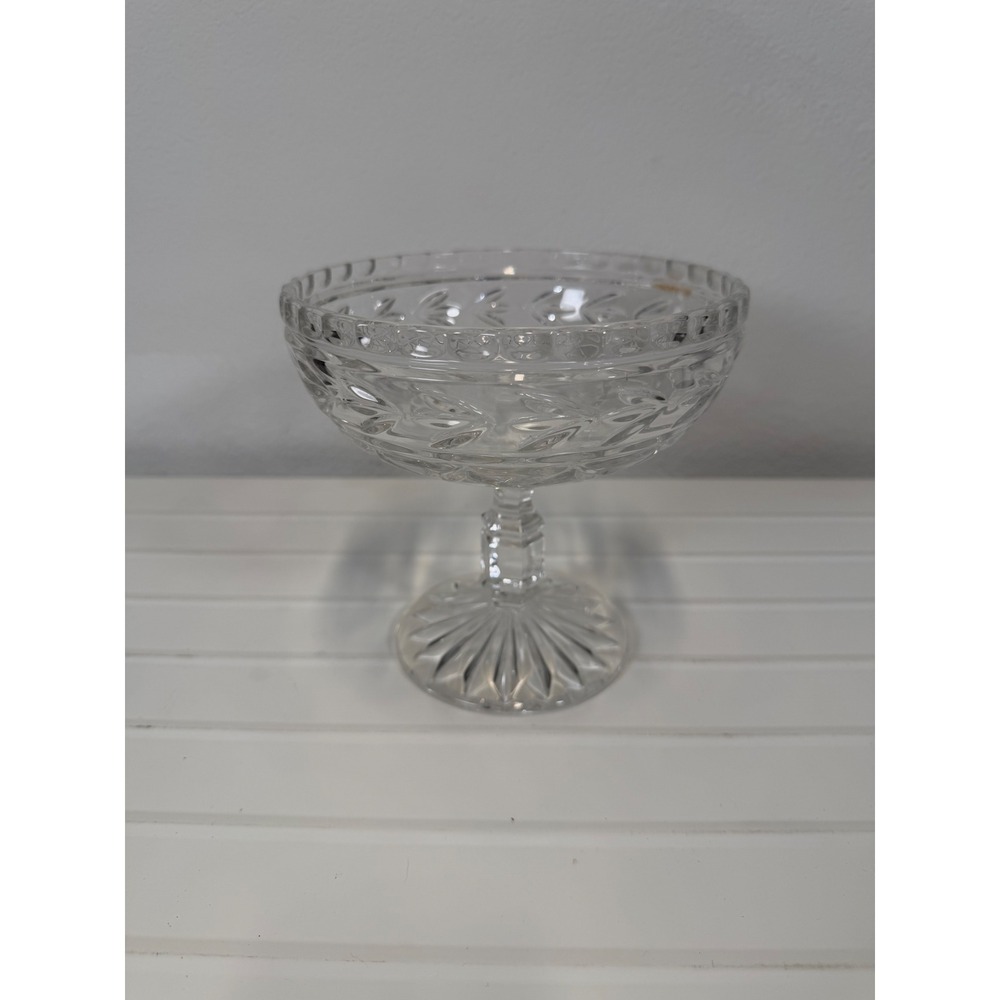 Vintage Clear Pressed Glass Pedestal Bowl Sunburst Base Scalloped Candy Dish 6in